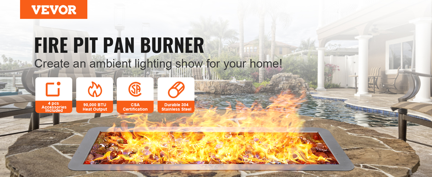 VEVOR fire pit pan burner by poolside with ambient flames, showcasing features in an outdoor setting.