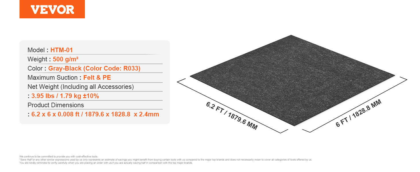 VEVOR hot tub mat, model htm-01, gray-black, dimensions 6.2 ft x 6 ft, weight 500 g/m².