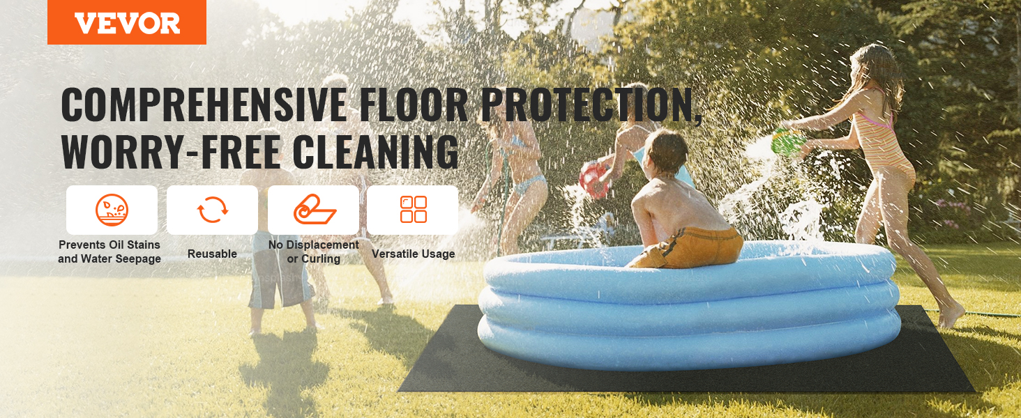 VEVOR hot tub mat with kids playing in an inflatable pool, highlighting floor protection benefits.