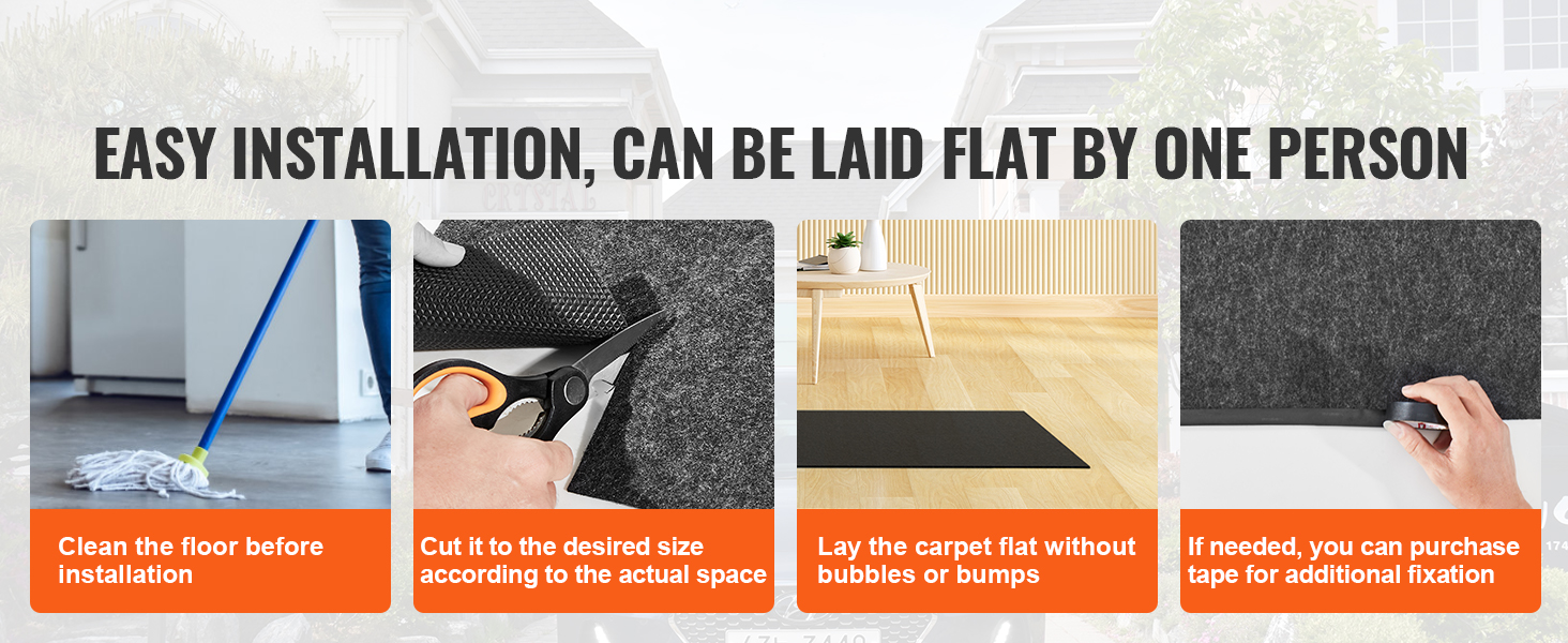 easy installation steps for VEVOR hot tub mat: cleaning the floor, cutting mat, laying flat, and optional taping.