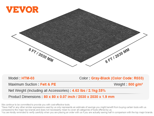 VEVOR hot tub mat, gray-black, 8 ft x 8 ft, model htm-03, weight 500 g/m², felt & pe, 4.63 lbs.