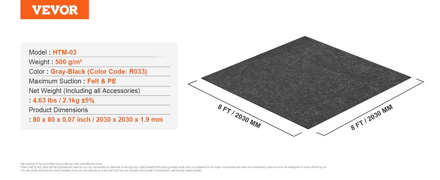 VEVOR hot tub mat, gray-black, 8 ft x 8 ft, model htm-03, weight 500 g/m², felt & pe, 4.63 lbs.