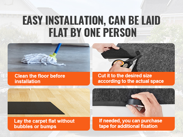 easy installation of VEVOR hot tub mat: clean floor, cut to size, lay flat without bumps, secure with tape.