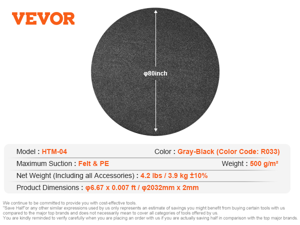 VEVOR hot tub mat, htm-04, 80-inch diameter, gray-black felt & pe, 4.2 lbs weight.