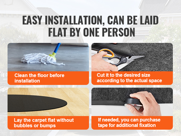 easy installation of VEVOR hot tub mat: clean the floor, cut to size, lay flat, and use tape if needed.