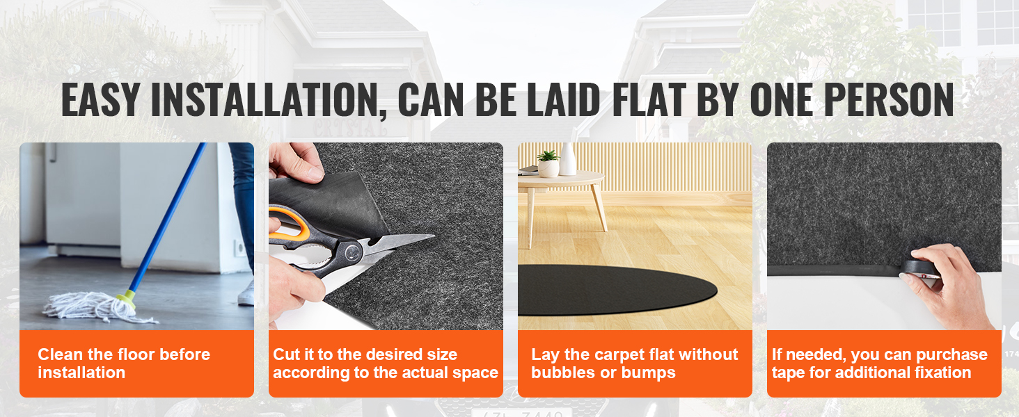 easy installation of VEVOR hot tub mat: clean the floor, cut to size, lay flat, and use tape if needed.