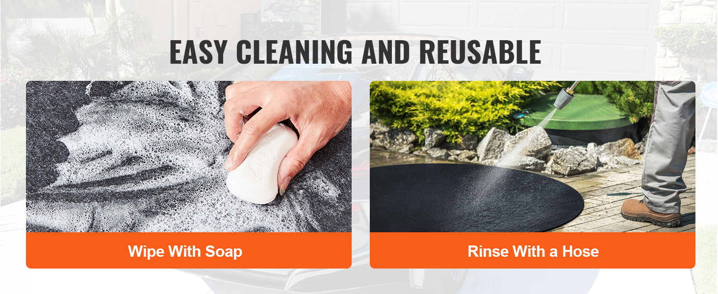 easy cleaning VEVOR hot tub mat: wipe with soap, then rinse with a hose for reuse.