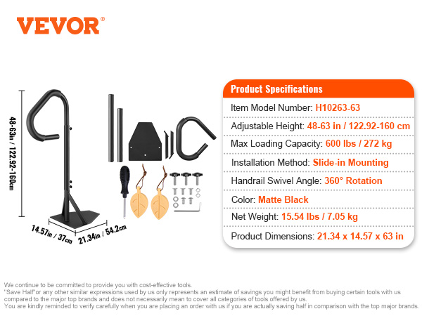 VEVOR hot tub handrail, adjustable height 48-63 in, max load 600 lbs, 360° rotation, matte black.