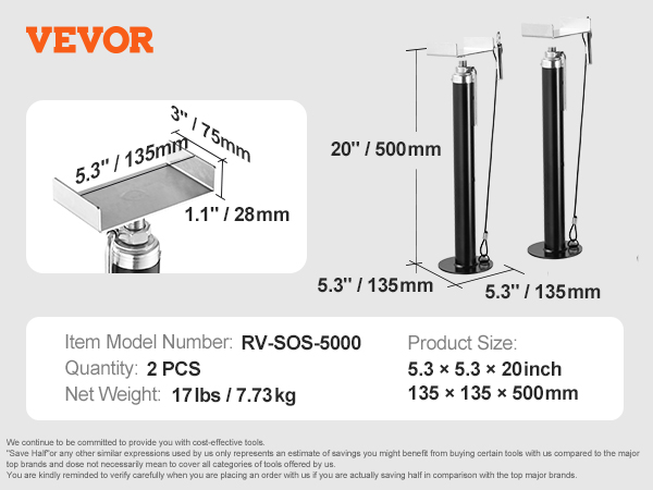 VEVOR rv slide out support jacks, model rv-sos-5000, 5.3x5.3x20 in, 5000 lbs load capacity.