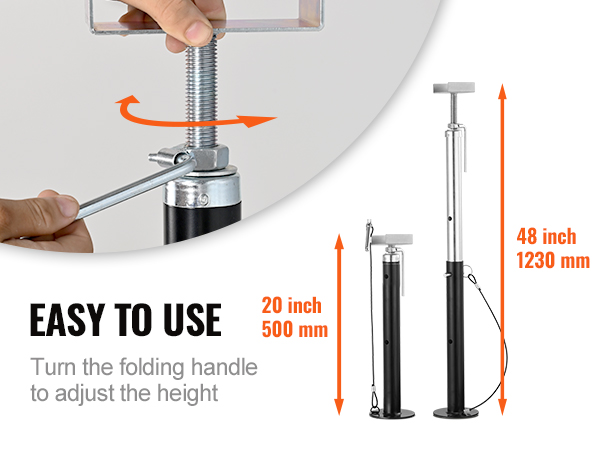 VEVOR rv slide out support jacks with adjustable height shown in use and size specifications.