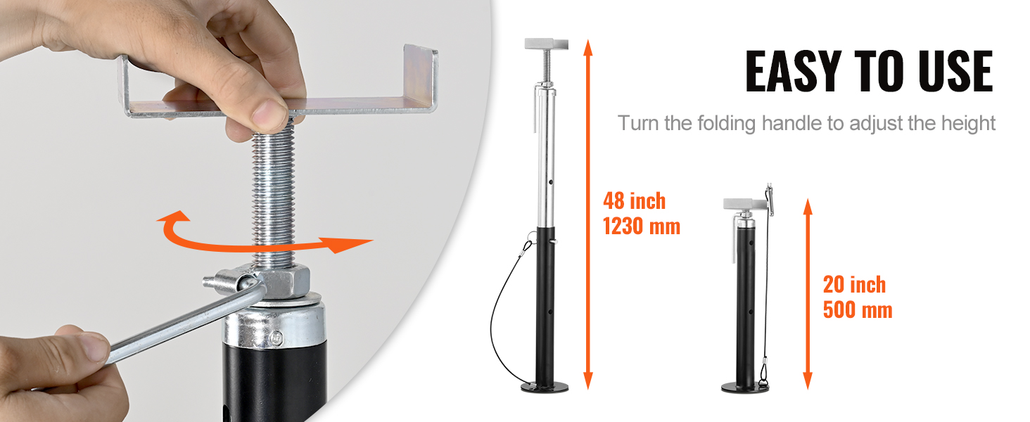 VEVOR rv slide out support jacks with adjustable height shown in use and size specifications.