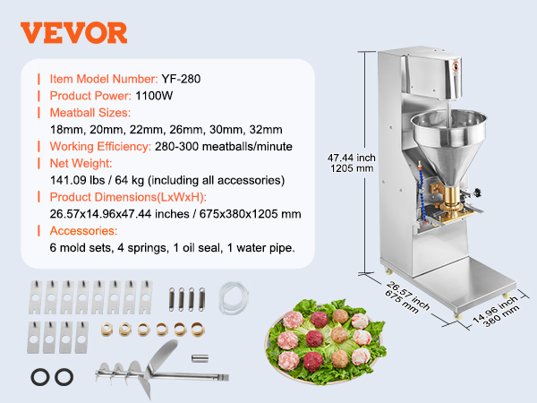 VEVOR meatball forming machine with accessories, dimensions, and meatball sizes listed alongside the product.