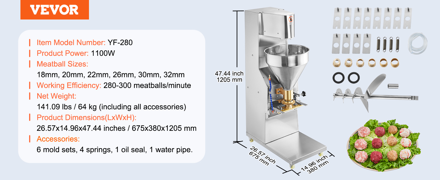 VEVOR meatball forming machine with accessories, dimensions, and meatball sizes listed alongside the product.