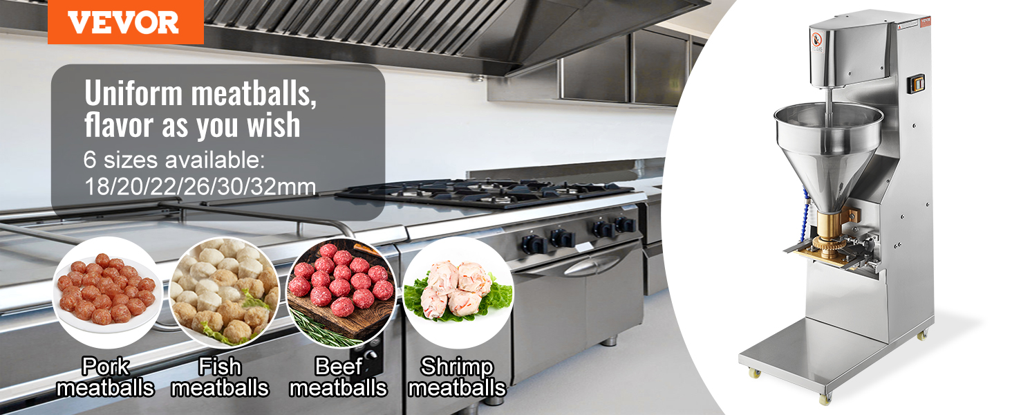 VEVOR meatball forming machine in a professional kitchen, showing meatball varieties and sizes.