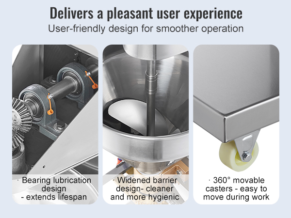 VEVOR meatball forming machine with widened barrier, 360° casters, and bearing lubrication for durability.