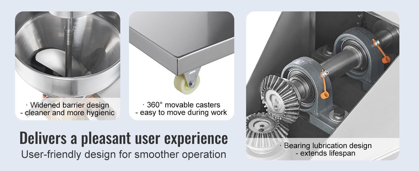 VEVOR meatball forming machine with widened barrier, 360° casters, and bearing lubrication for durability.