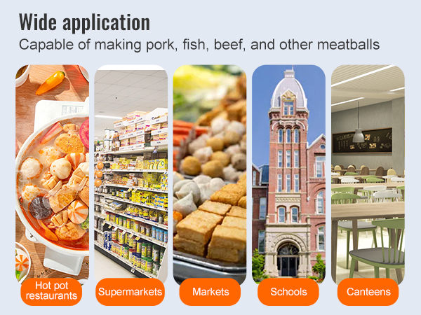 wide application of VEVOR meatball forming machine in hot pot restaurants, supermarkets, markets, and schools.