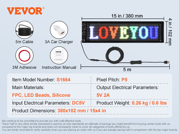 VEVOR programmējama LED zīme, modelis s1664, 15x4 in, 5v 2a, pikseļu piķeļu piķis p5, 5m kabelis, 3a auto lādētājs.