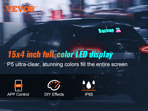 VEVOR programmējama LED zīme 15x4 collu pilnkrāsu displejs, lietotnes vadība, diy efekti, ip65, p5 ultra-clear.