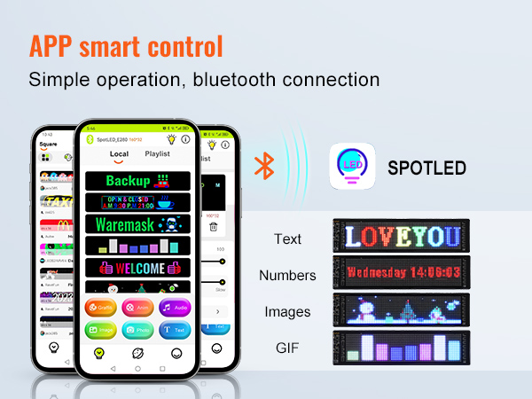 lietotnes viedā vadība VEVOR programmējamai LED zīmei ar Bluetooth, kas demonstrē tekstu, ciparus, attēlus un gifus.