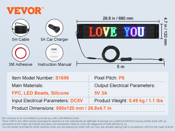 VEVOR programmable led sign with "love you" text, 26.8x4.7 inches, includes 5m cable, car charger, adhesive.