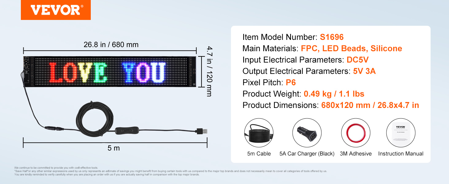 VEVOR programmable led sign with "love you" text, 26.8x4.7 inches, includes 5m cable, car charger, adhesive.