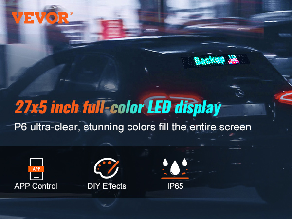 VEVOR programmable led sign, 27x5 inch full-color display with app control, diy effects, ip65 rating.
