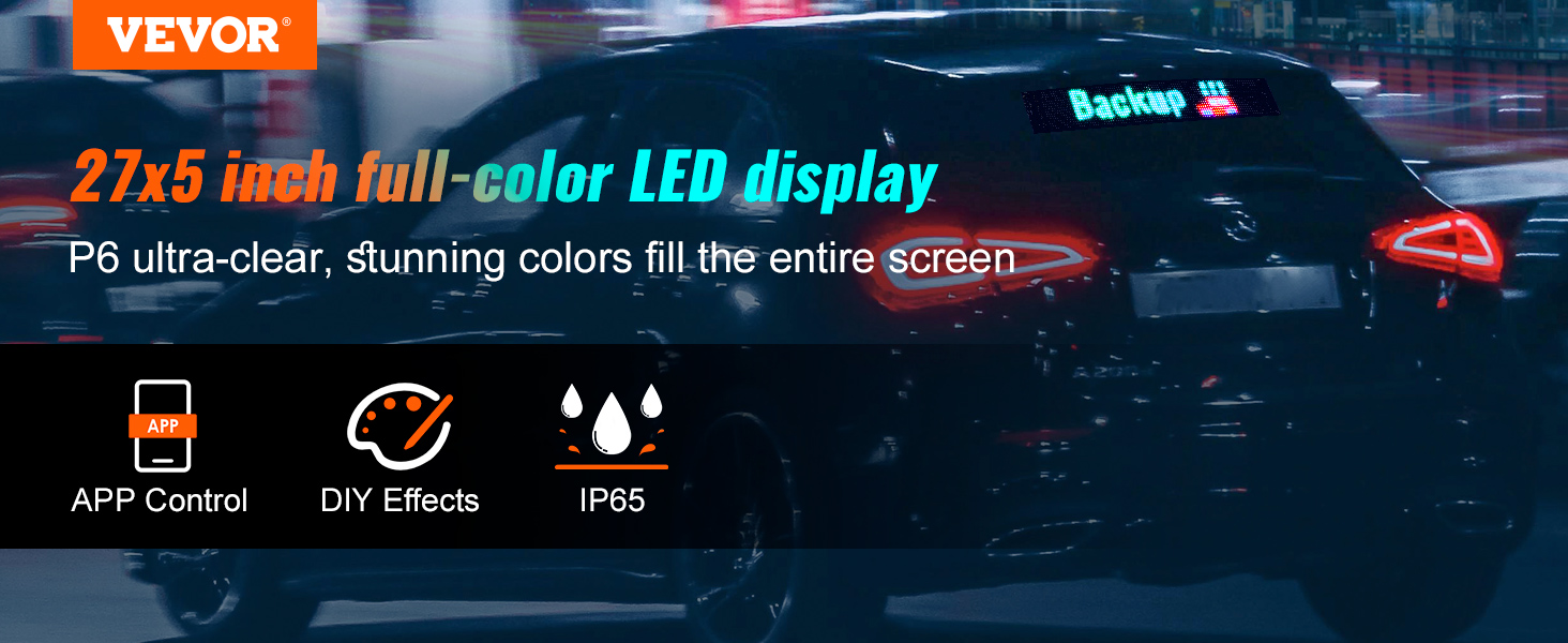 VEVOR programmable led sign, 27x5 inch full-color display with app control, diy effects, ip65 rating.