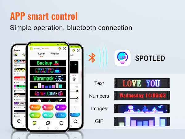 app smart control for VEVOR programmable led sign with bluetooth, showing text, numbers, images, gifs.