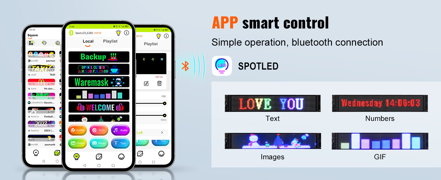 app smart control for VEVOR programmable led sign with bluetooth, showing text, numbers, images, gifs.