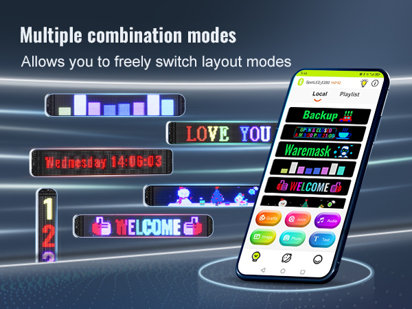 multiple combination modes for VEVOR programmable led sign displayed on a phone screen and led signs.