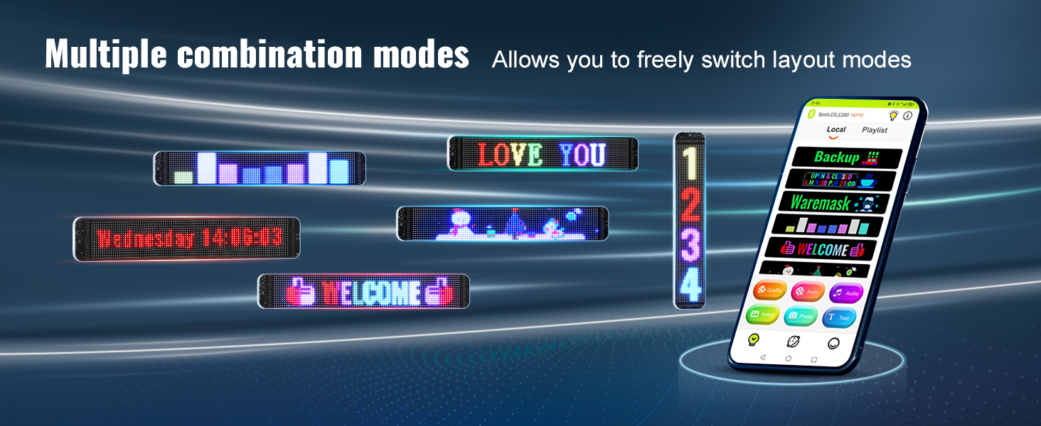 multiple combination modes for VEVOR programmable led sign displayed on a phone screen and led signs.