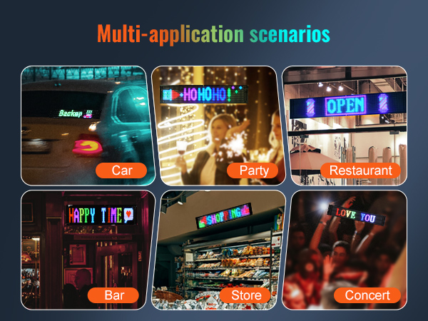 multi-application scenarios of VEVOR programmable led sign: car, party, restaurant, bar, store, concert.