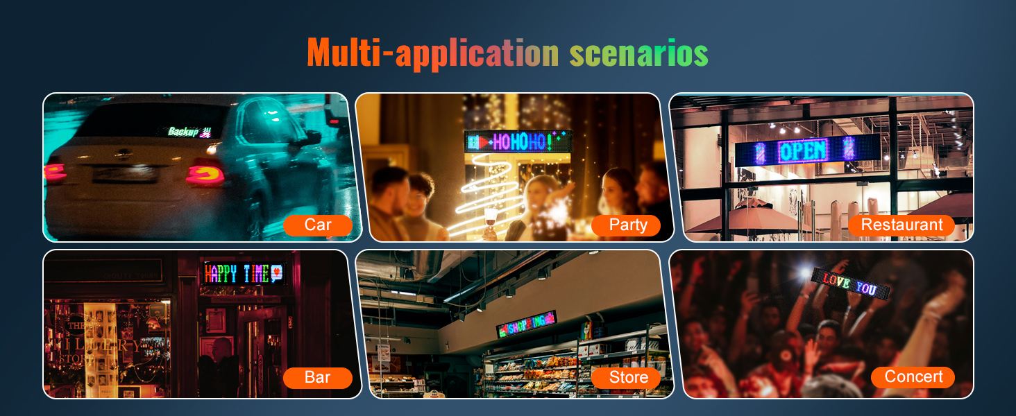 multi-application scenarios of VEVOR programmable led sign: car, party, restaurant, bar, store, concert.