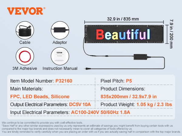 VEVOR programmable led sign, 32.9x7.9 inches, multicolor text display, includes cable, adapter, manual.