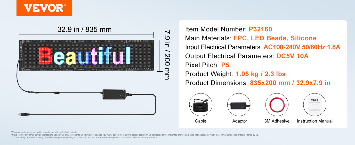 VEVOR programmable led sign, 32.9x7.9 inches, multicolor text display, includes cable, adapter, manual.