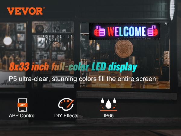 VEVOR programmable led sign with 8x33 inch full-color display, app control, diy effects, and ip65 rating.
