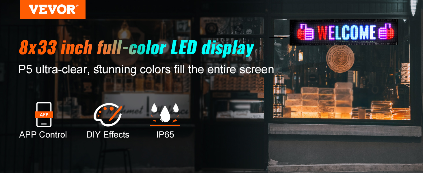 VEVOR programmable led sign with 8x33 inch full-color display, app control, diy effects, and ip65 rating.