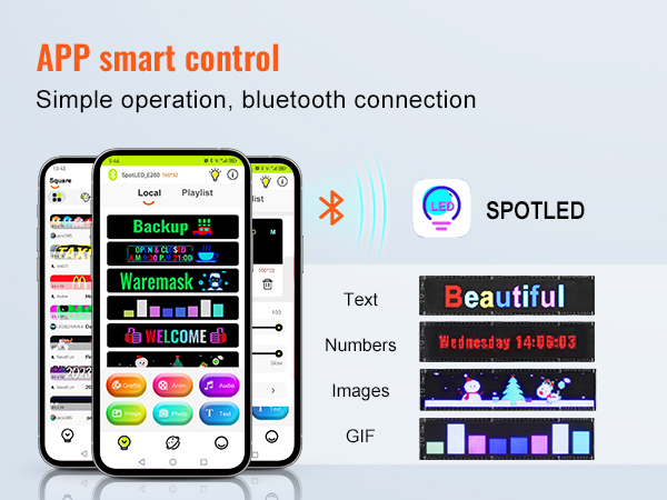 app smart control for VEVOR programmable led sign, showcasing text, numbers, images, gifs, and bluetooth connectivity.