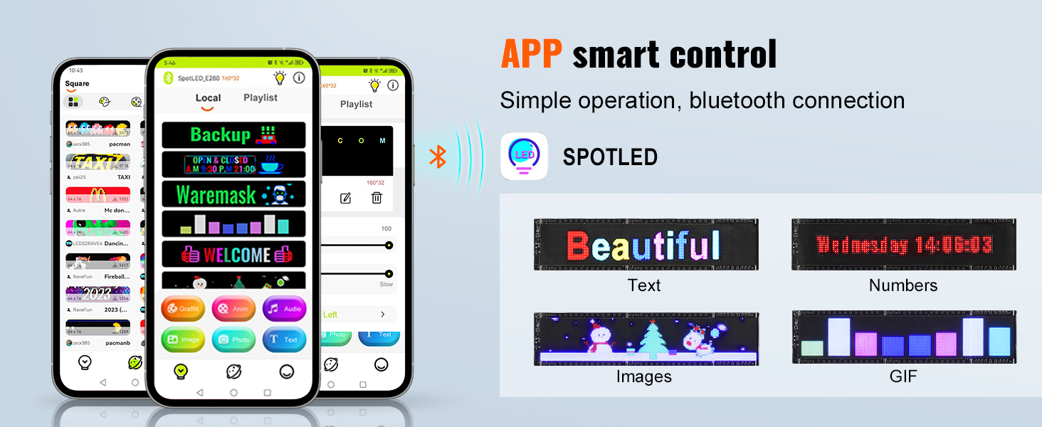 app smart control for VEVOR programmable led sign, showcasing text, numbers, images, gifs, and bluetooth connectivity.