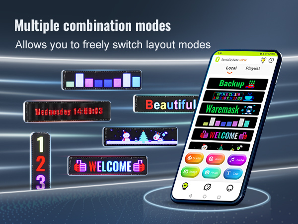 VEVOR programmable led sign with multiple combination modes and a smartphone app for customization.