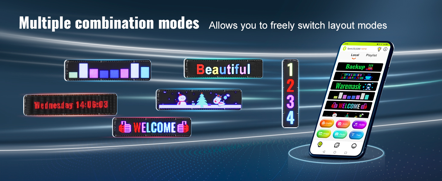 VEVOR programmable led sign with multiple combination modes and a smartphone app for customization.
