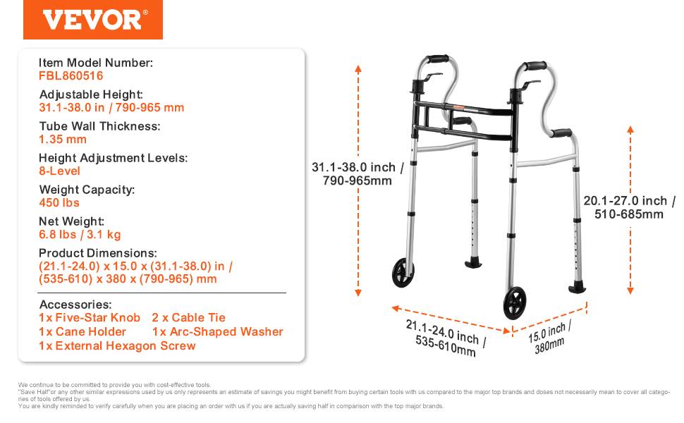 VEVOR folding walker with adjustable height, 450 lbs capacity, 8-level adjustment, and accessories.