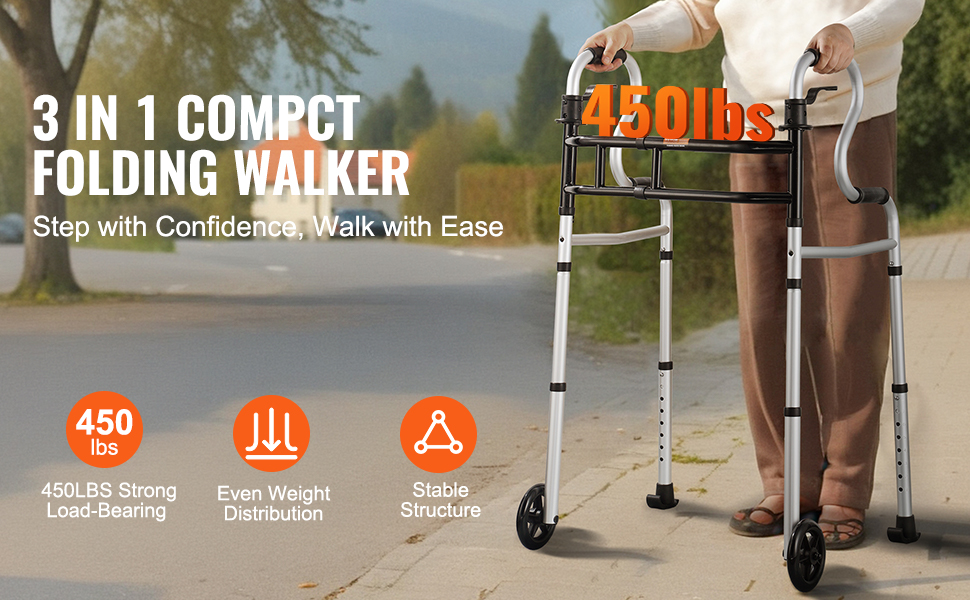 VEVOR folding walker supporting 450 lbs, featuring even weight distribution and stable structure.