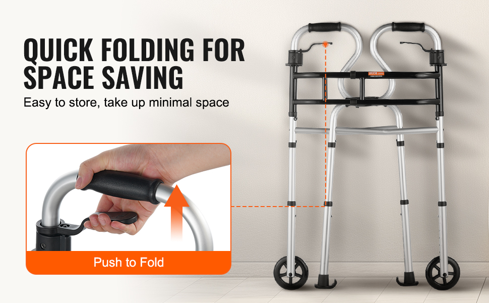 quick folding VEVOR folding walker, aluminum frame, easy to store, black and silver, with push button.