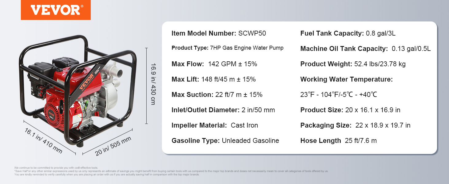 VEVOR gasoline engine water pump scwp50, 7hp, 2 in inlet/outlet, 148 ft lift, 142 gpm flow, 52.4 lbs.
