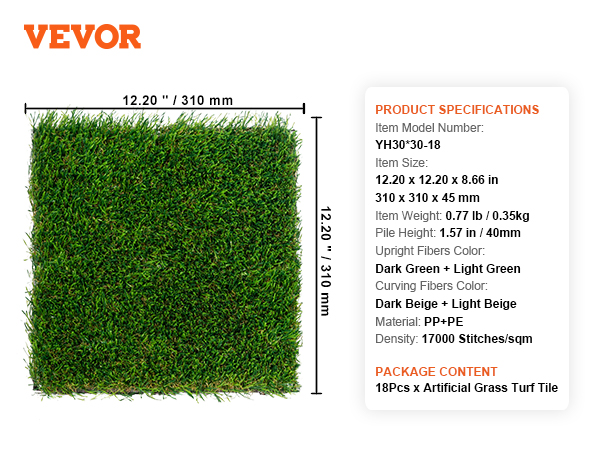 VEVOR artificial grass tiles, 12.20"x12.20", dark and light green fibers, 18 pcs per package.