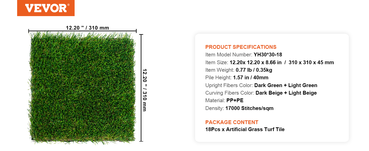 VEVOR artificial grass tiles, 12.20"x12.20", dark and light green fibers, 18 pcs per package.