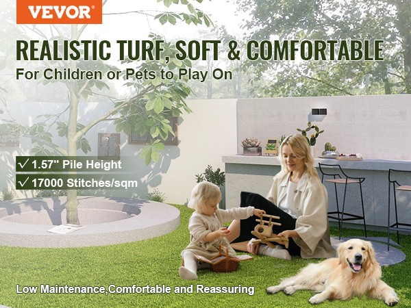 VEVOR artificial grass tiles, soft and realistic turf for pets and children, ideal for outdoor spaces.