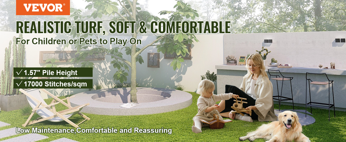 VEVOR artificial grass tiles, soft and realistic turf for pets and children, ideal for outdoor spaces.